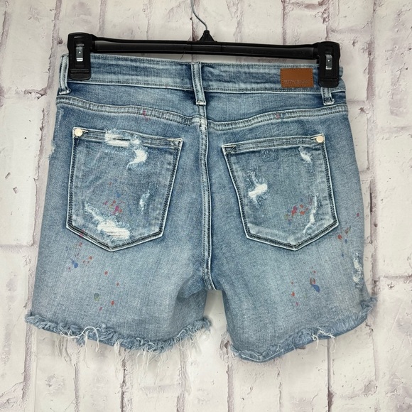 Judy Blue Mid Rise Rainbow Paint Splash Cut Off Denim Shorts Sz S Distressed - Picture 2 of 9